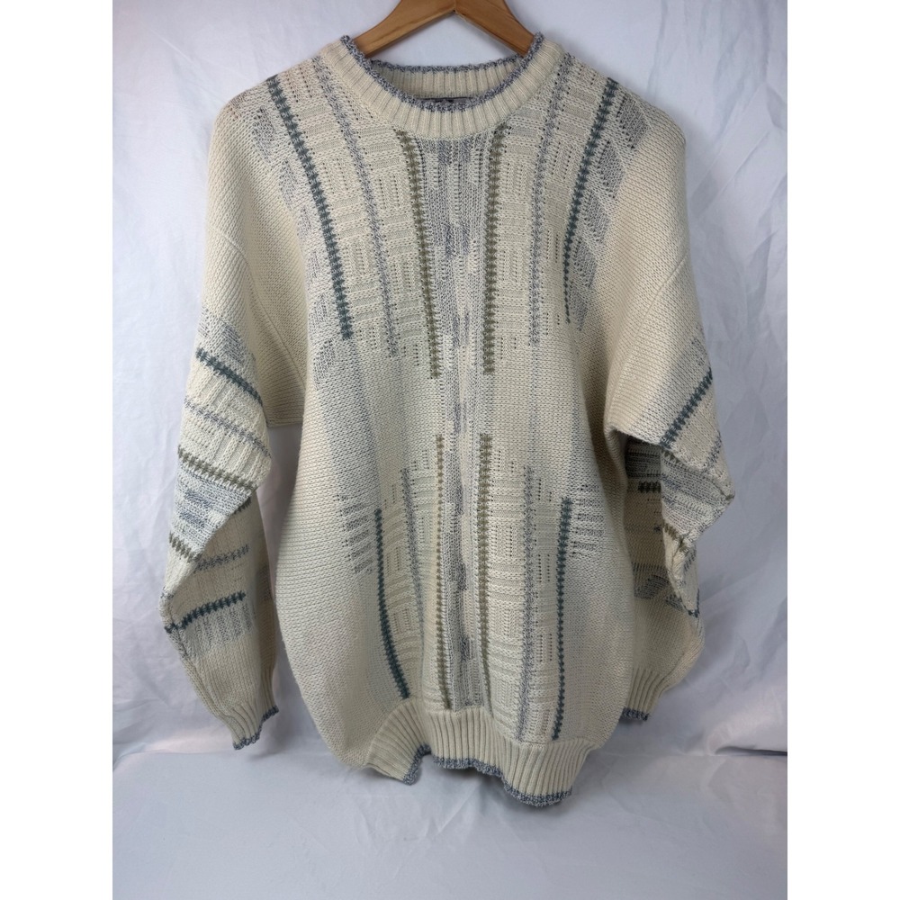 Vintage STATS Sweater Mens M Cream Pattern Knit 90s Textured Pullover